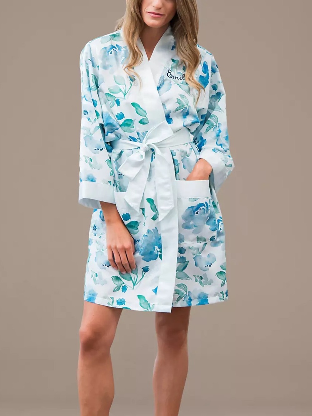 Embroidered Floral Satin Robe in Light Blue - Women's Kimono Robe
